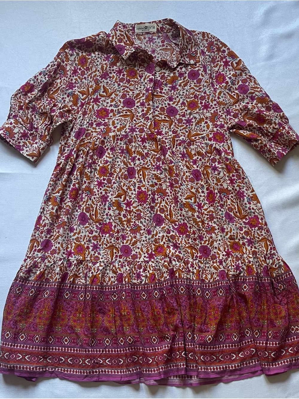 Natural Life XS Floral Collared Ruffle Knee Boho Festival Whimsy Pink Dress